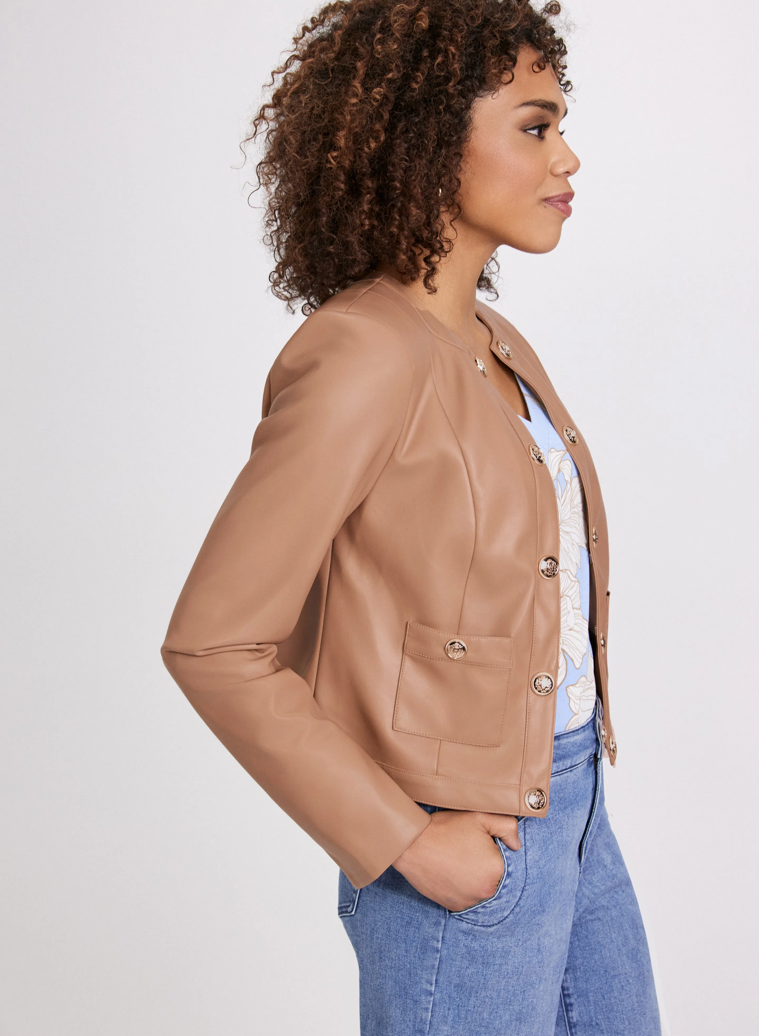 Decorative Button Front Vegan Leather Jacket