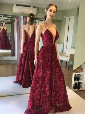 Deep V Neck and V Back Burgundy Lace Long Prom, Open Back Maroon Lace Formal, Burgundy Evening