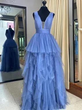 Deep V Neck Blue Layered Long Prom, Long Blue Formal Evening