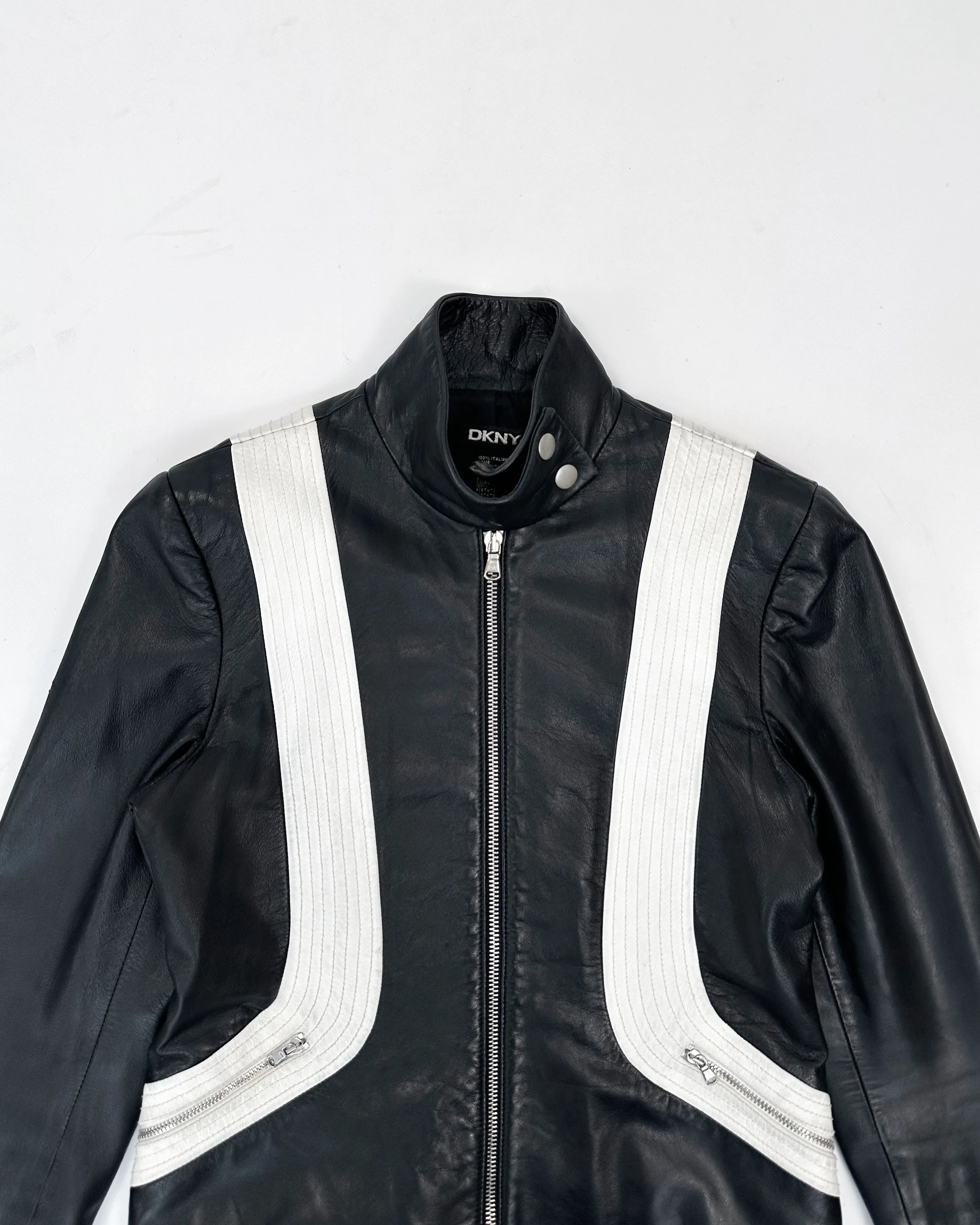 DKNY Black Racing Leather Cropped Jacket 1990's