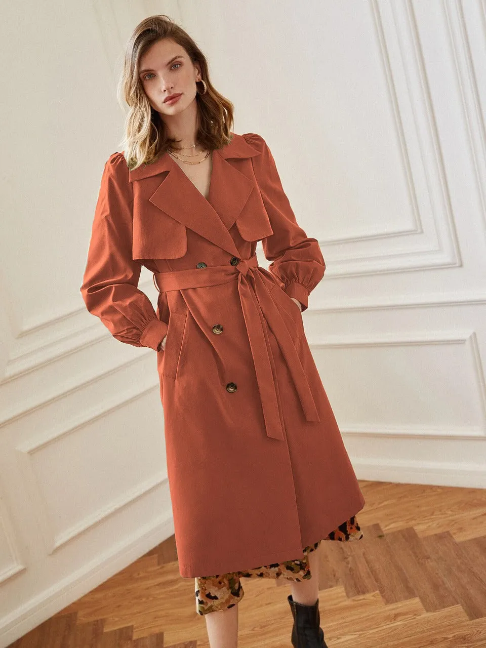 Double Breasted Bishop Sleeve Belted Trench Coat