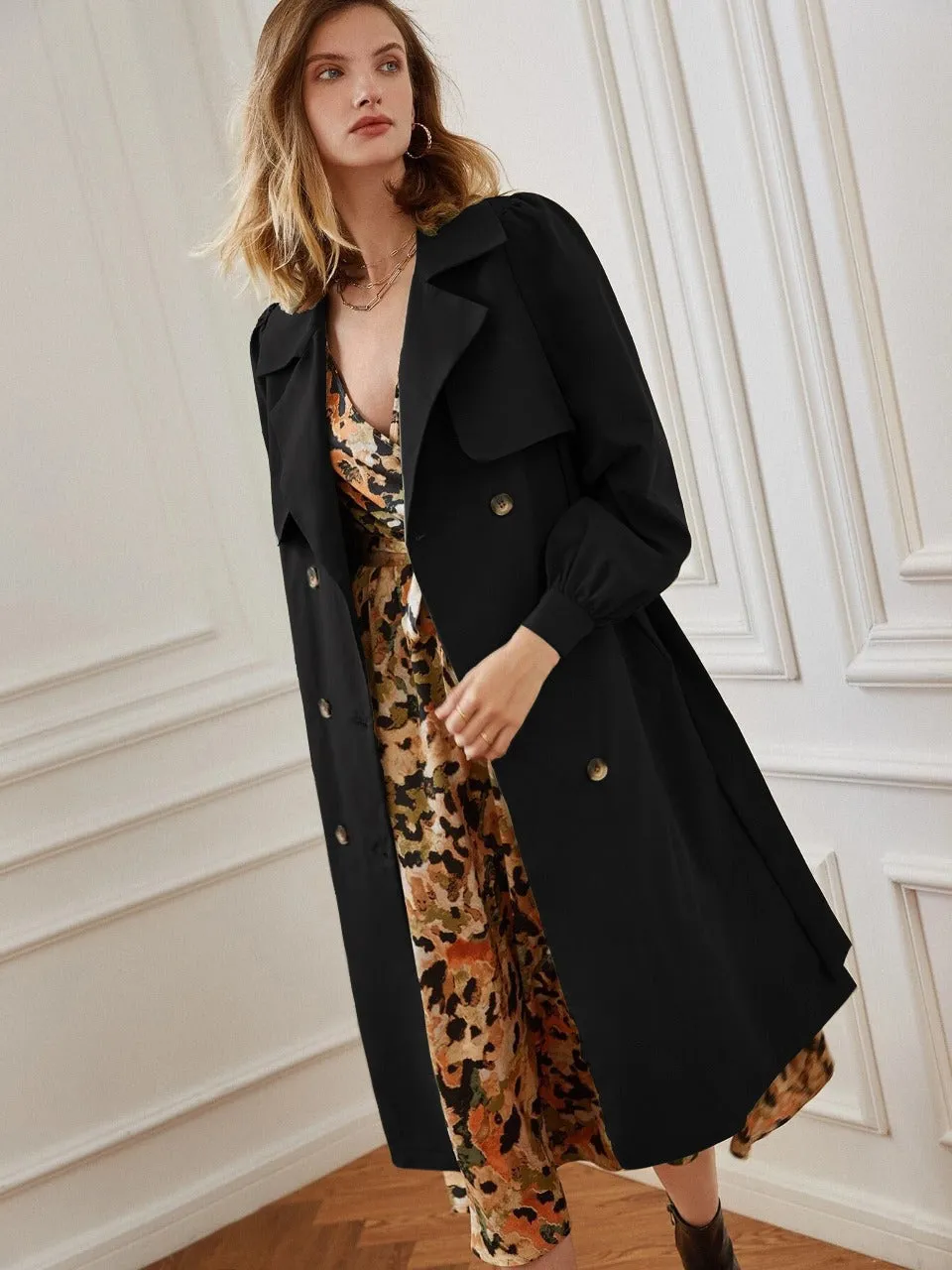 Double Breasted Bishop Sleeve Belted Trench Coat