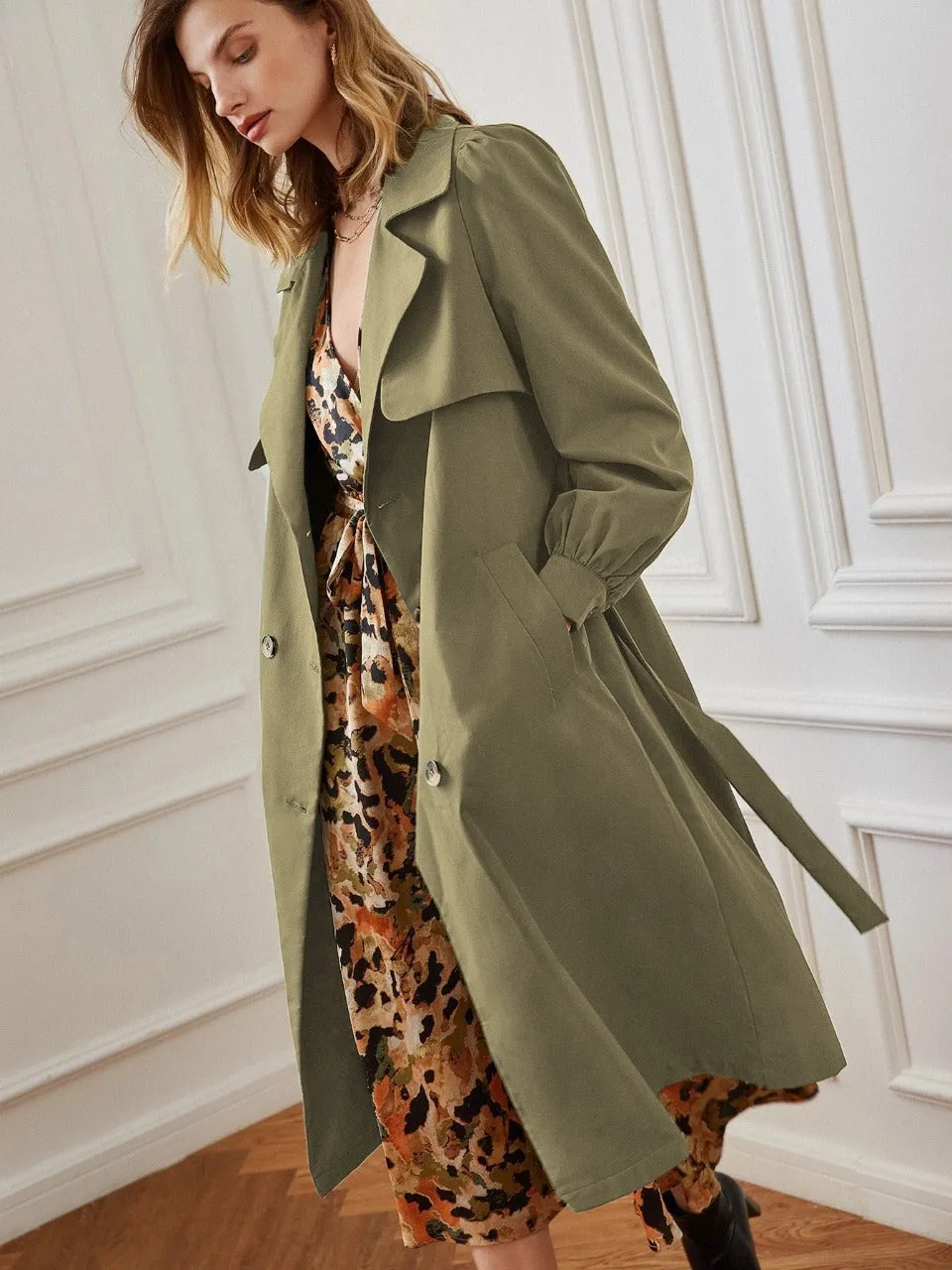 Double Breasted Bishop Sleeve Belted Trench Coat