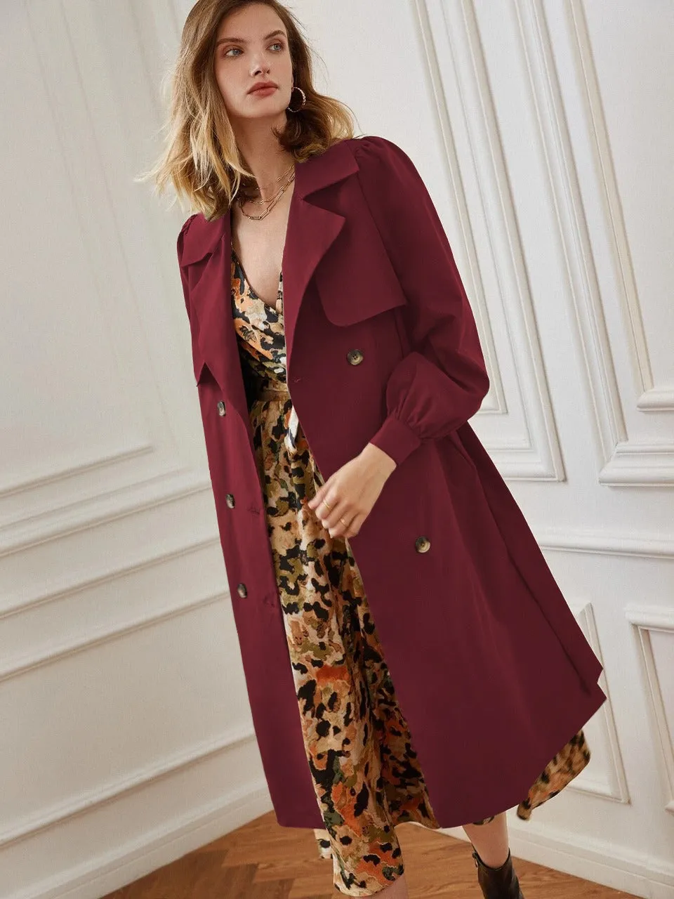 Double Breasted Bishop Sleeve Belted Trench Coat