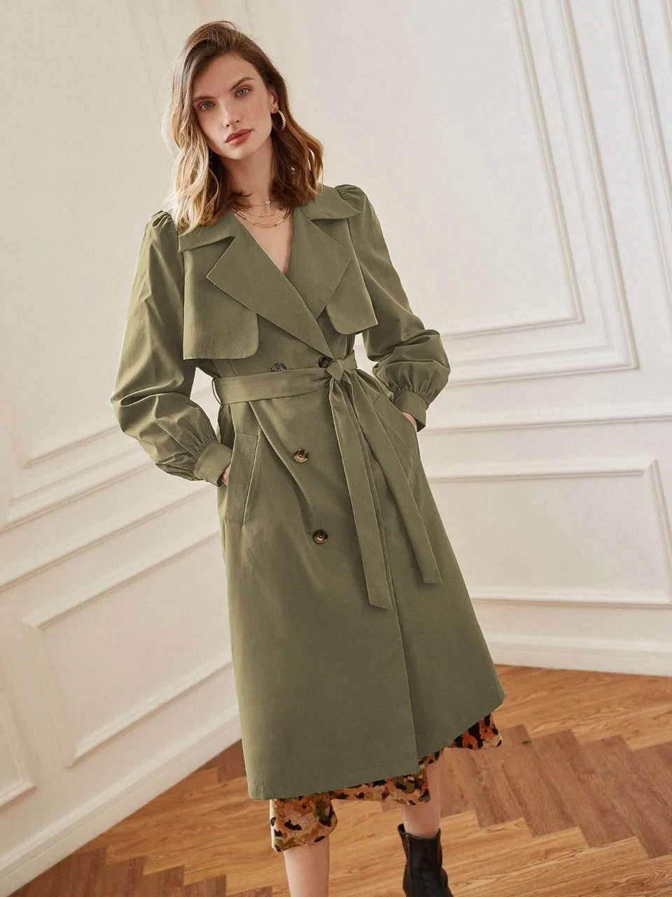 Double Breasted Bishop Sleeve Belted Trench Coat