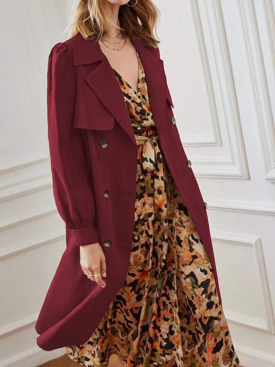 Double Breasted Bishop Sleeve Belted Trench Coat