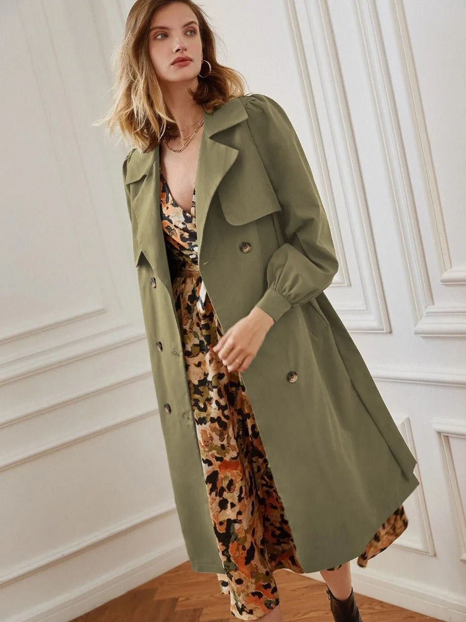 Double Breasted Bishop Sleeve Belted Trench Coat