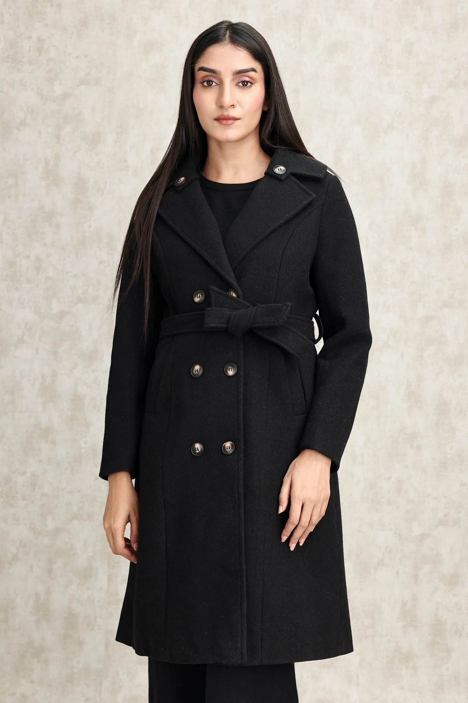 DOUBLE-BREASTED WOOL BLEND OVERCOAT-BLACK