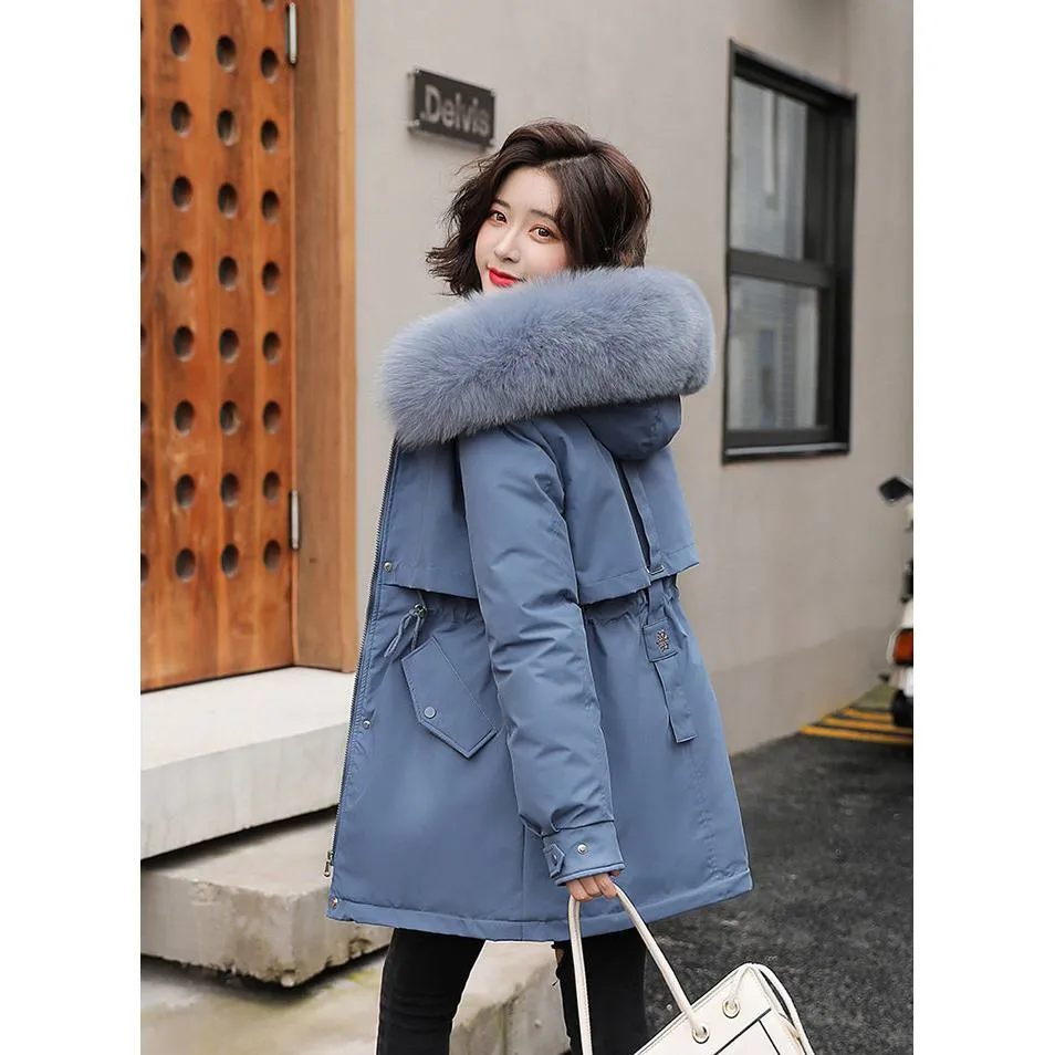 Drawstring Thigh-Length Fur Collar Parka