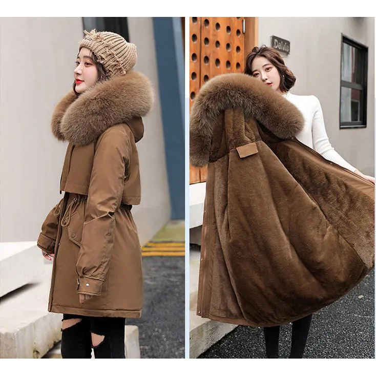 Drawstring Thigh-Length Fur Collar Parka