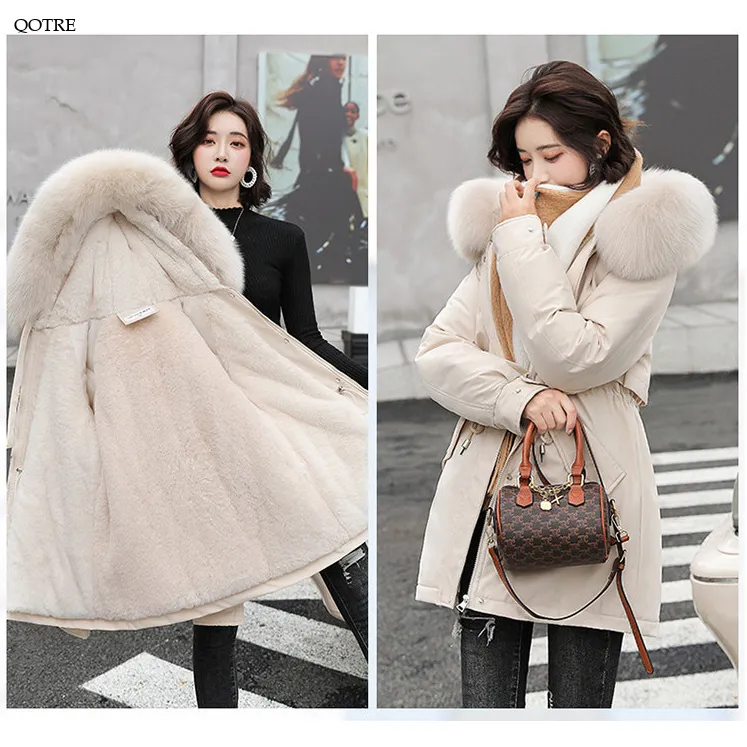 Drawstring Thigh-Length Fur Collar Parka