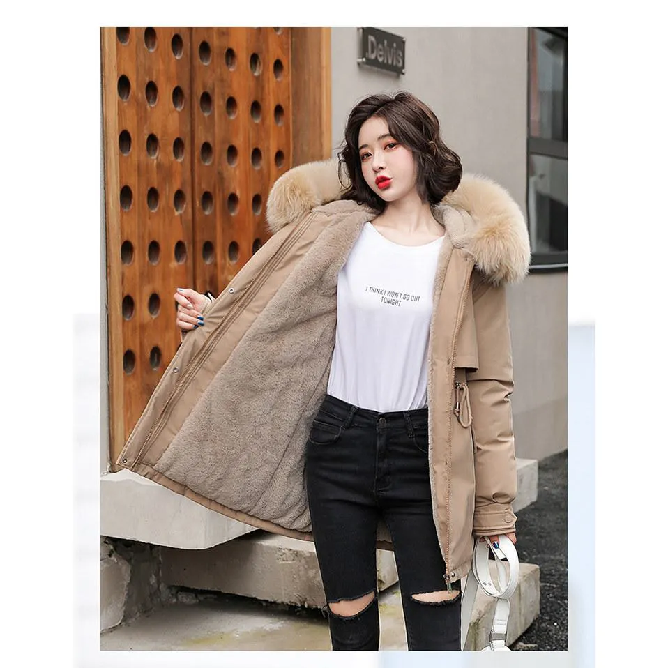 Drawstring Thigh-Length Fur Collar Parka