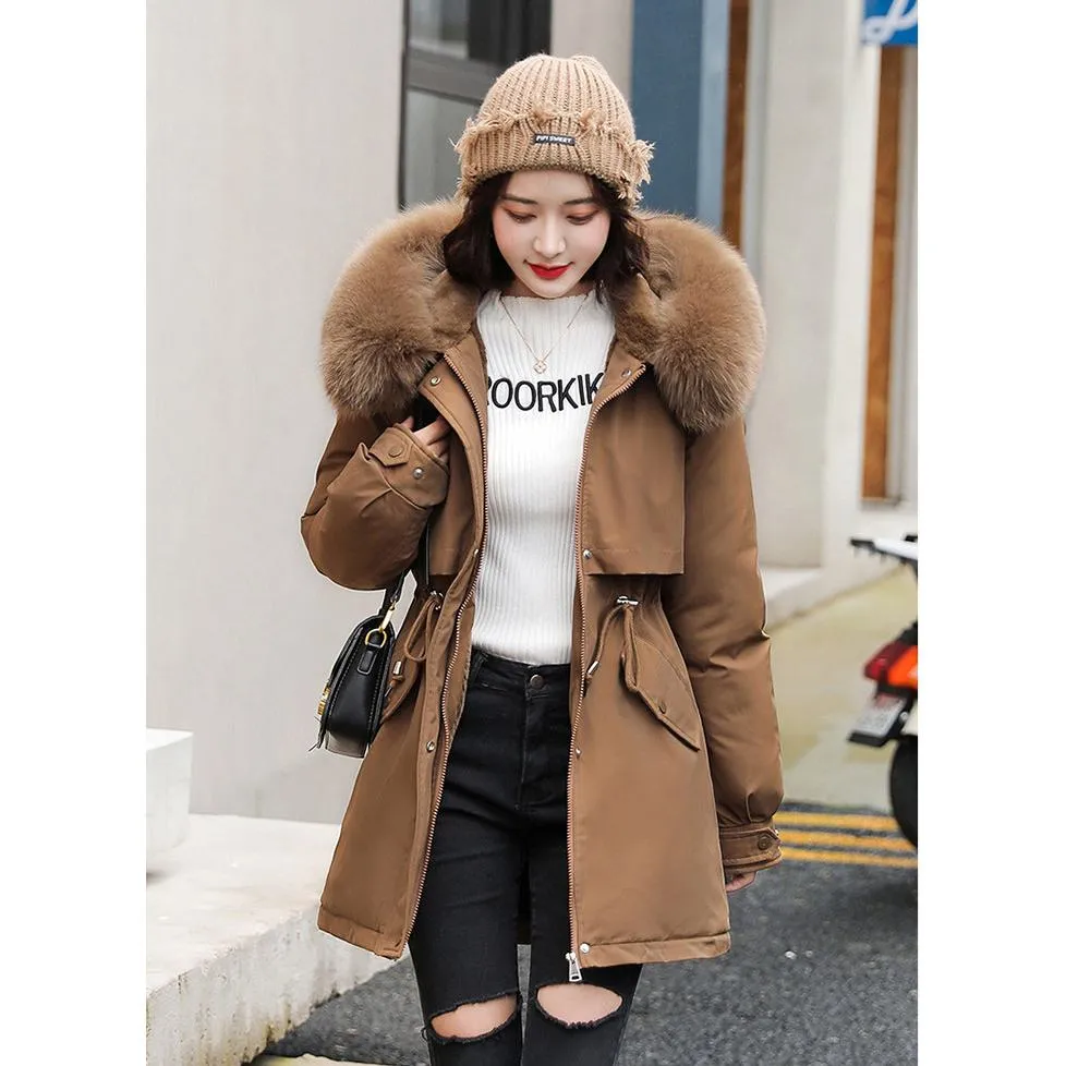 Drawstring Thigh-Length Fur Collar Parka