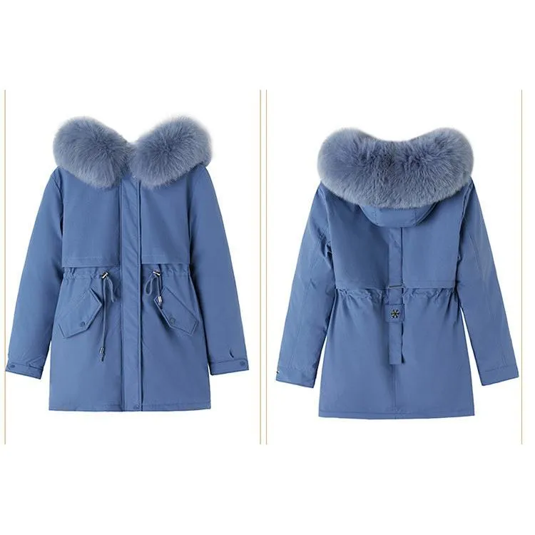 Drawstring Thigh-Length Fur Collar Parka