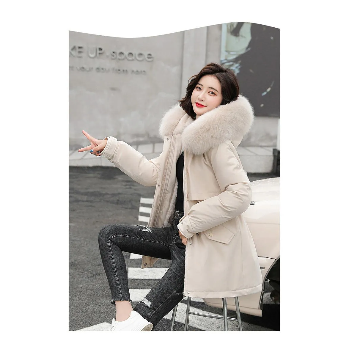 Drawstring Thigh-Length Fur Collar Parka