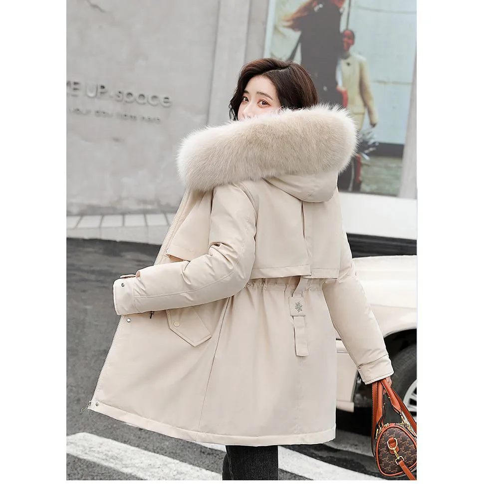 Drawstring Thigh-Length Fur Collar Parka