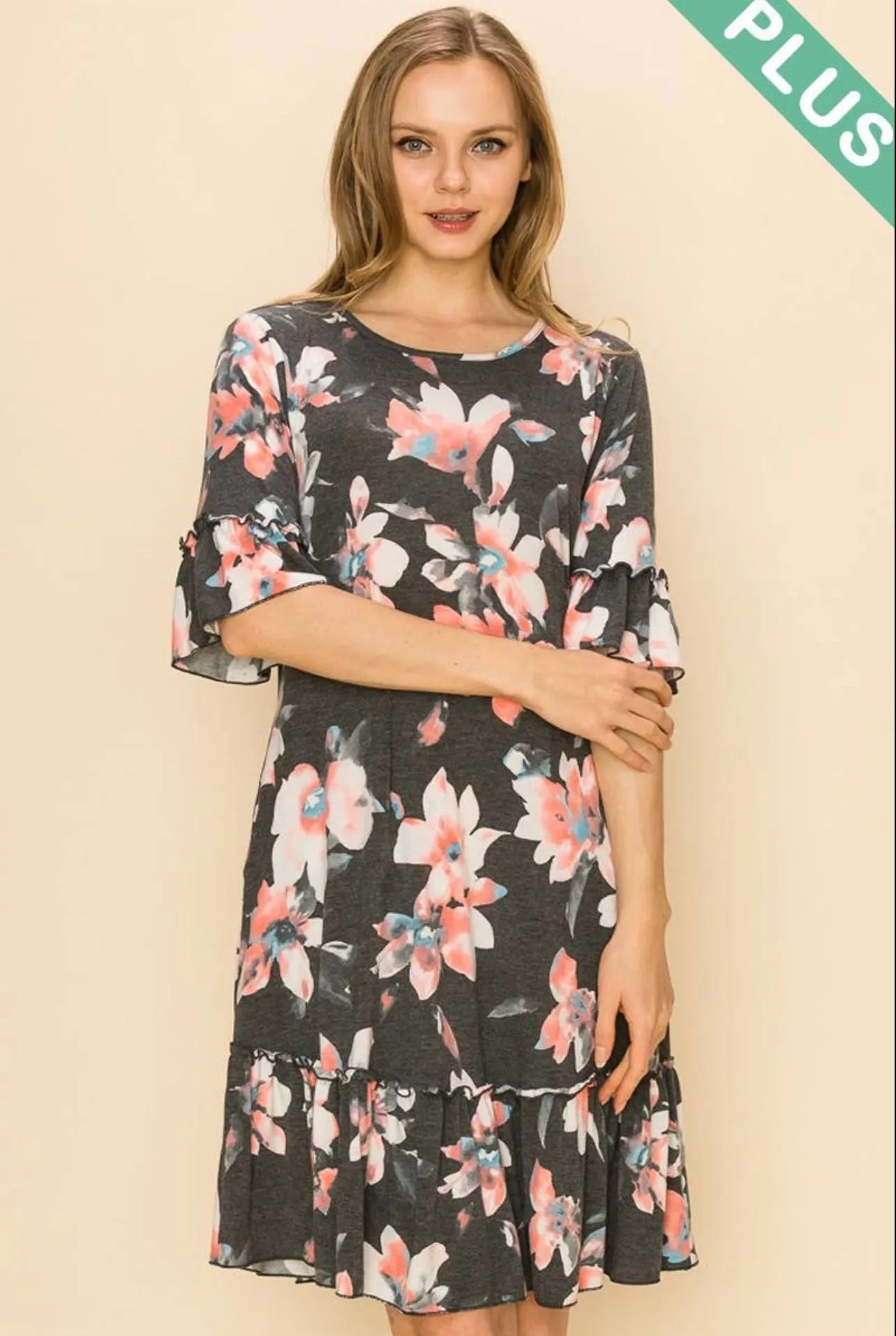 Dress - Floral pattern with ruffle details, Charcoal, Plus Size