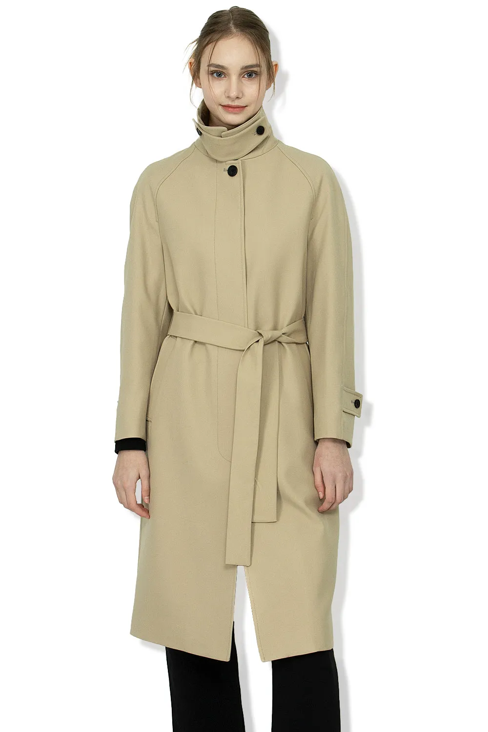 EDUARDO Trench Coat Women's Single-Breasted Belted Wool Blend with a Detachable Shirt Collar Flap.- Beige