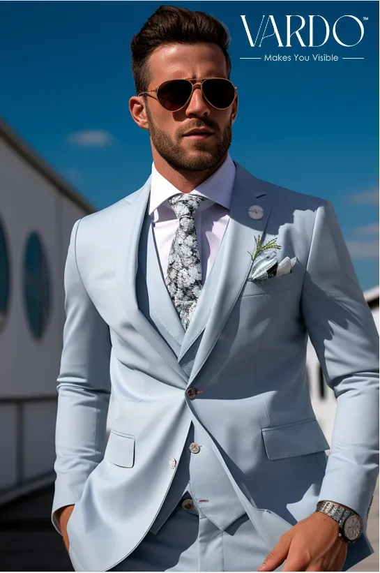 Elegant Icy Blue Three Piece Suit for Men - Perfect Fit -Tailored Fit, The Rising Sun store, Vardo