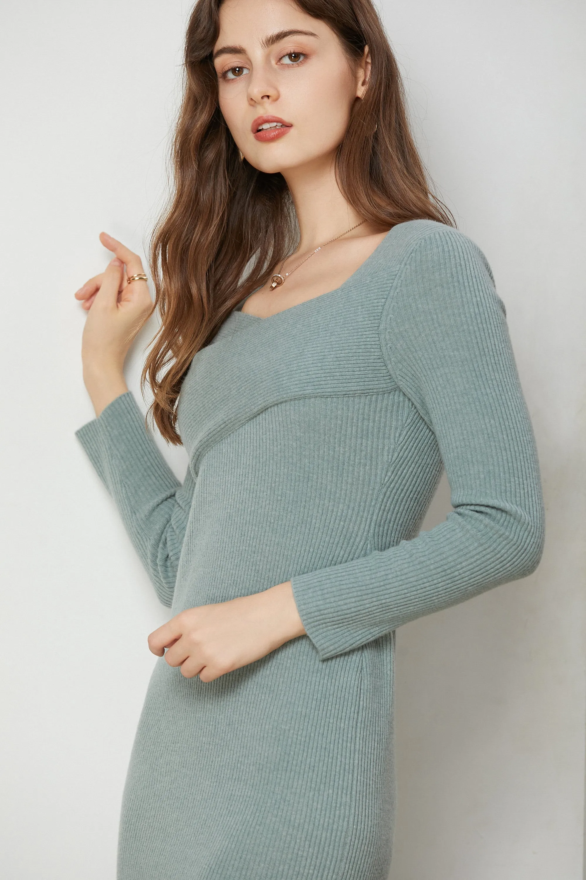 Fangyan | Green Carmen Surplice Knit Dress