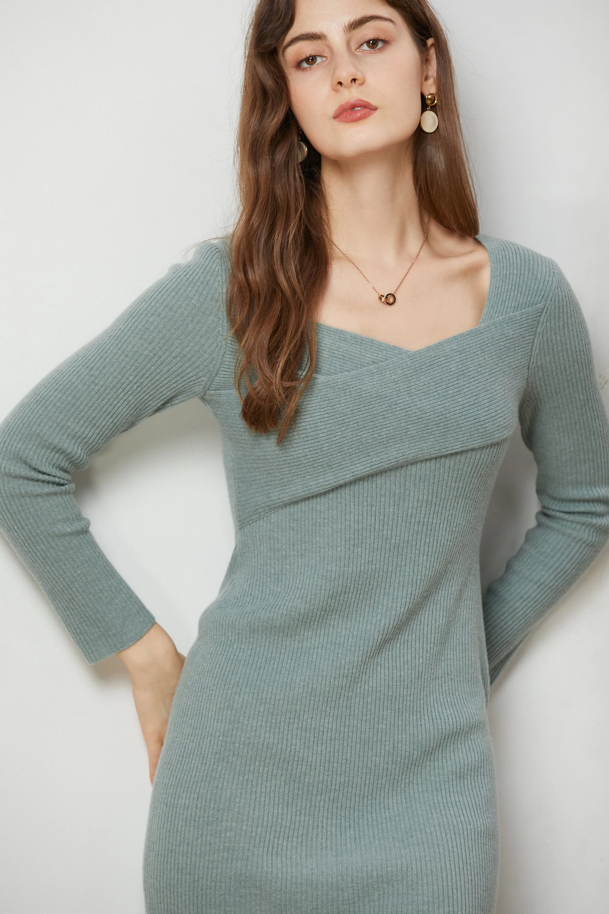 Fangyan | Green Carmen Surplice Knit Dress