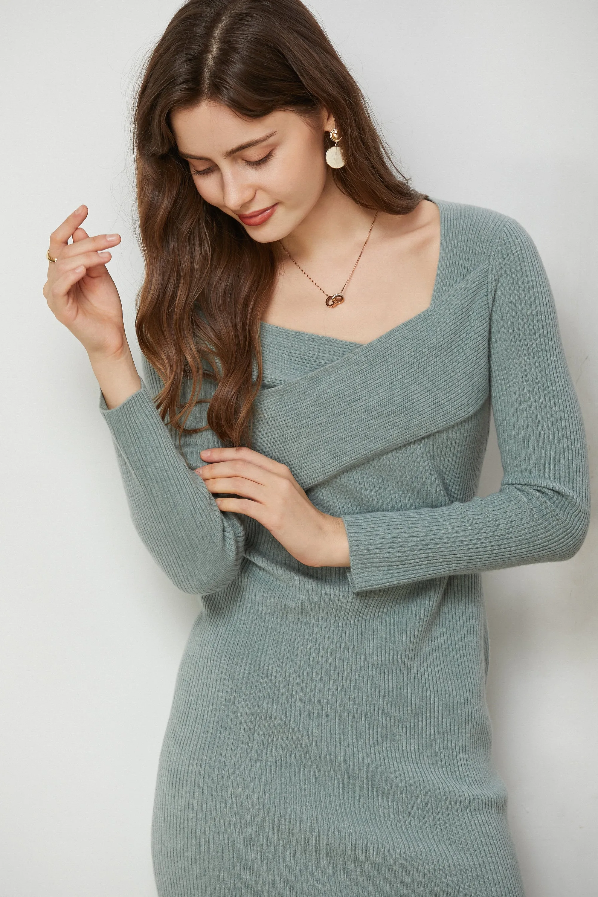 Fangyan | Green Carmen Surplice Knit Dress