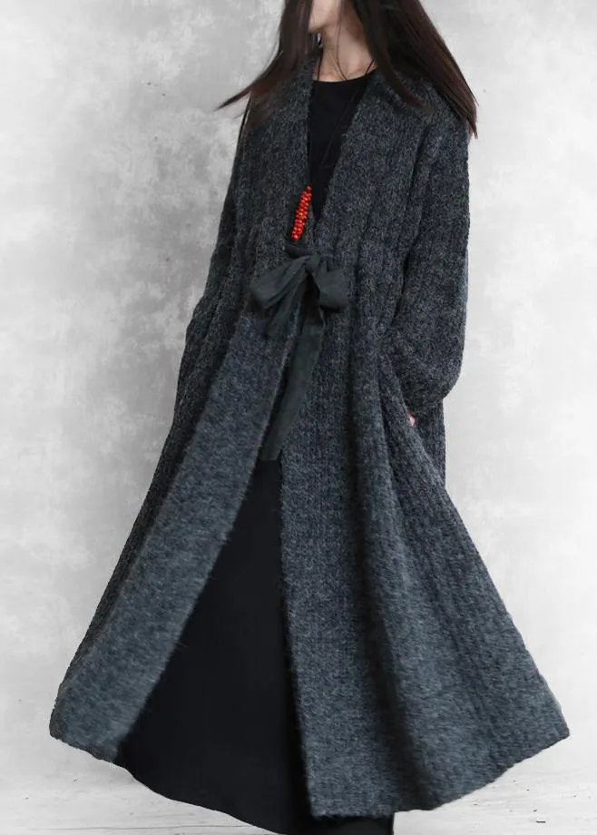 Fashion oversized long winter coat dark gray v neck drawstring wool coat for woman