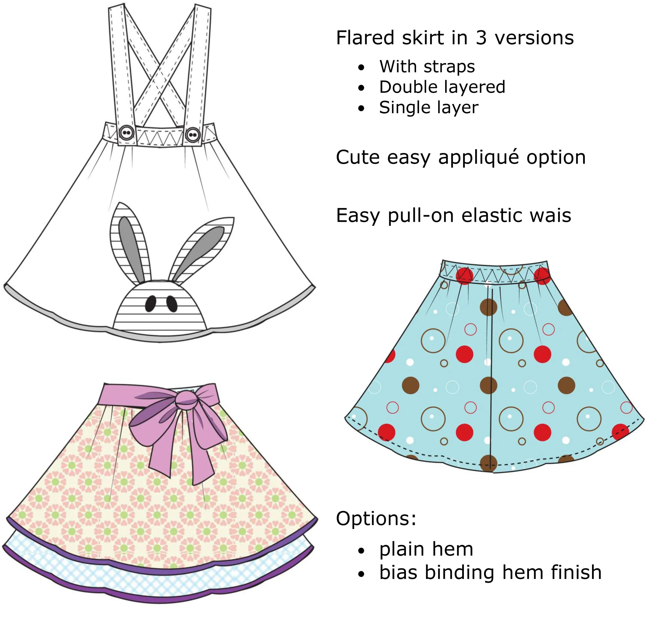 Flared skirt TOPSY SKIRT pdf sewing pattern with XMAS ANGEL applique sizes 1-12 years.