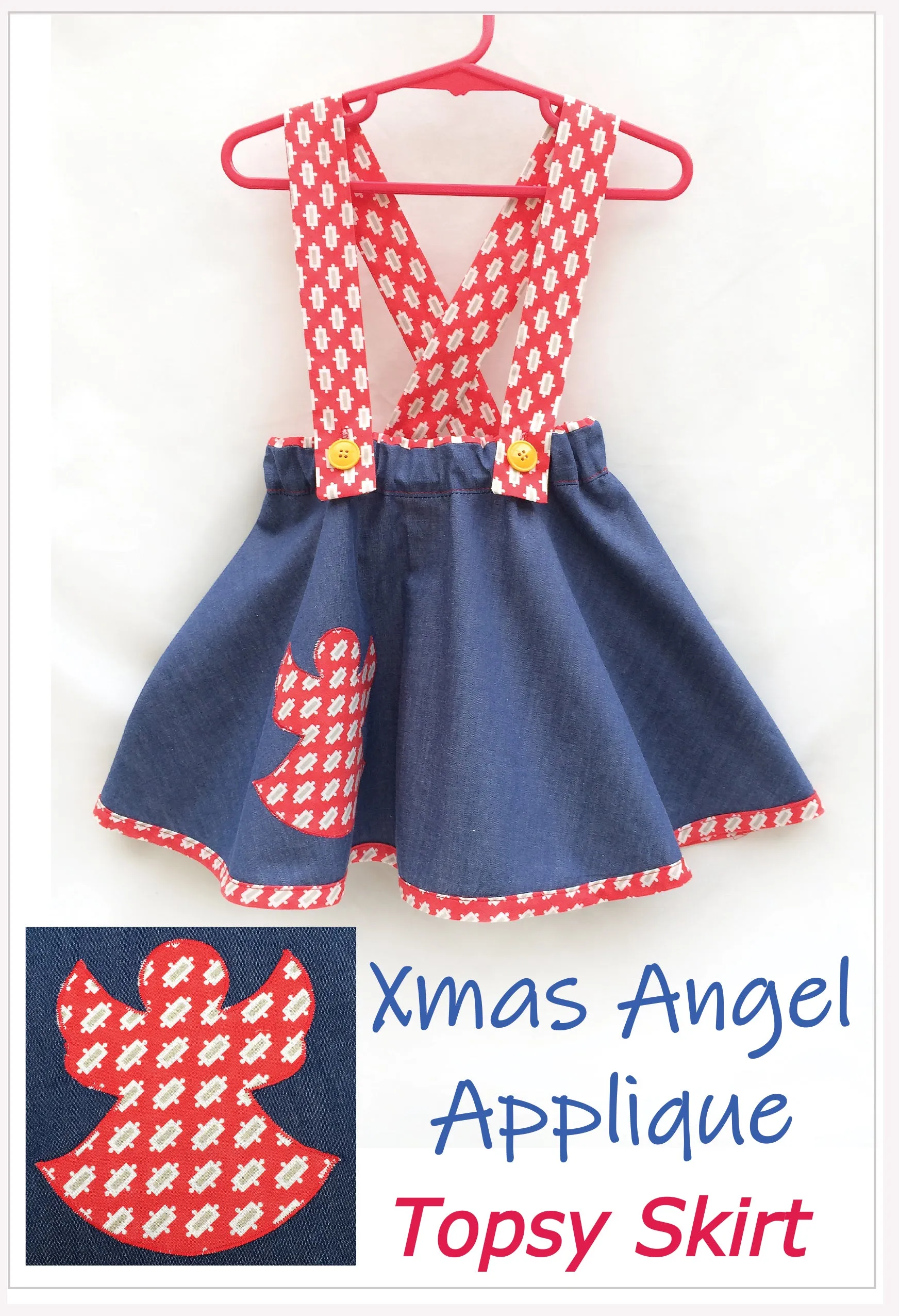 Flared skirt TOPSY SKIRT pdf sewing pattern with XMAS ANGEL applique sizes 1-12 years.