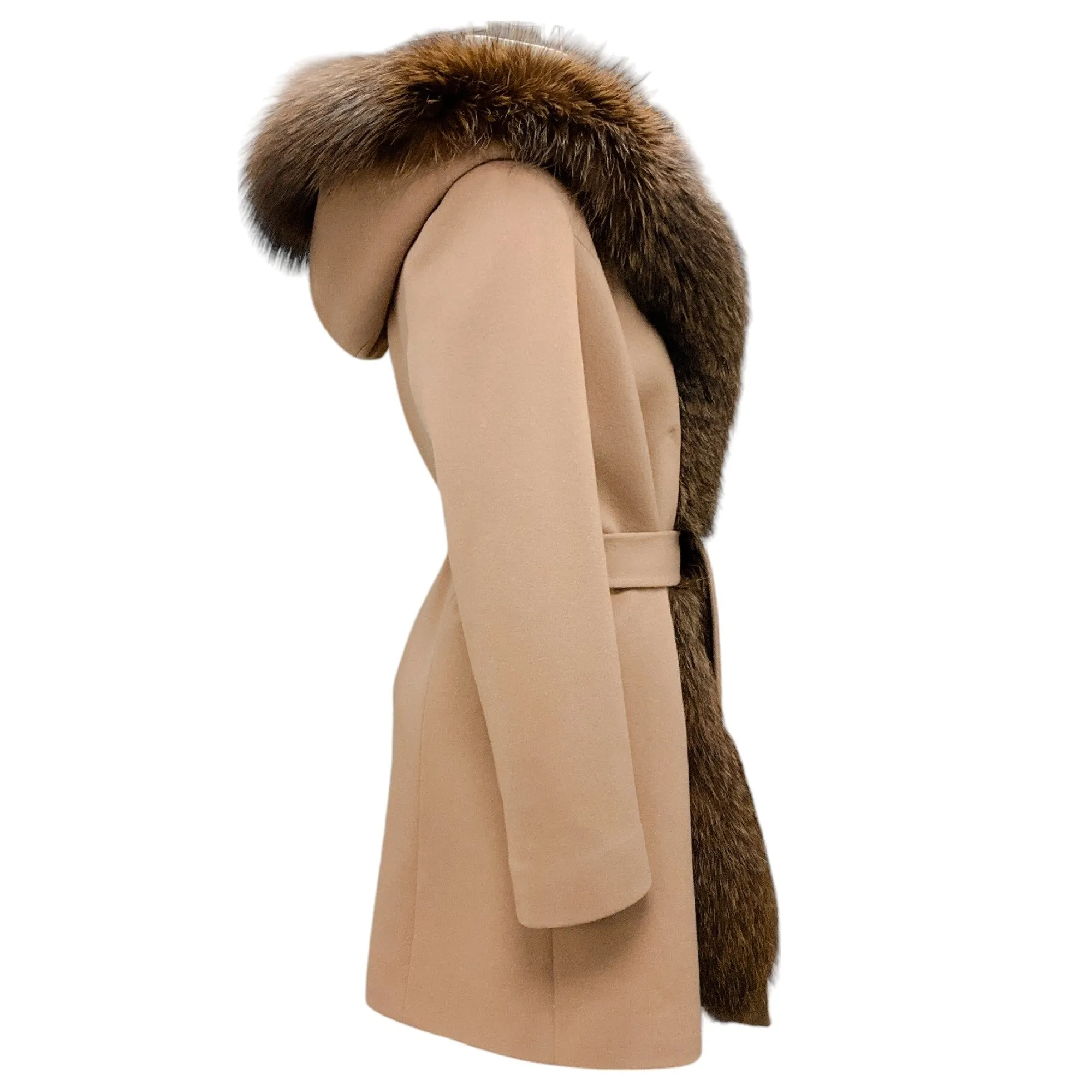 Fleurette Camel Fox Fur Trimmed Belted Wool Coat