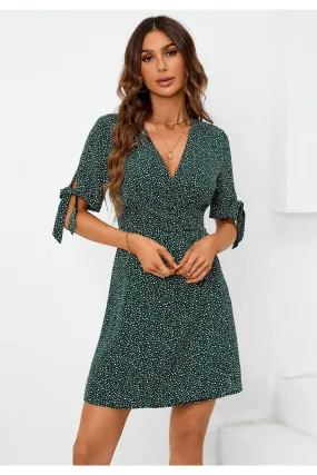 FS Collection Dot Print Wrap Top Mini Dress In Green