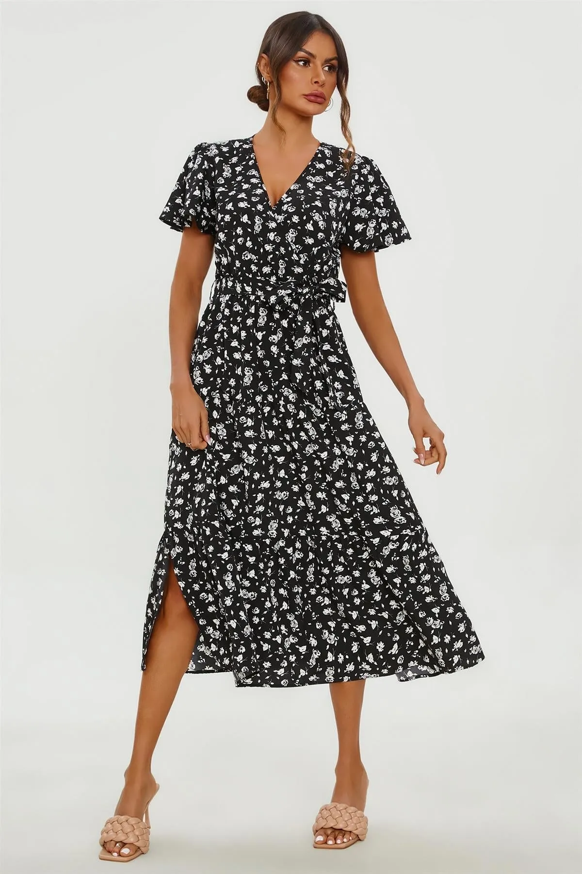 FS Collection White Floral Print Hem Tiered Wrap Midi Dress In Black