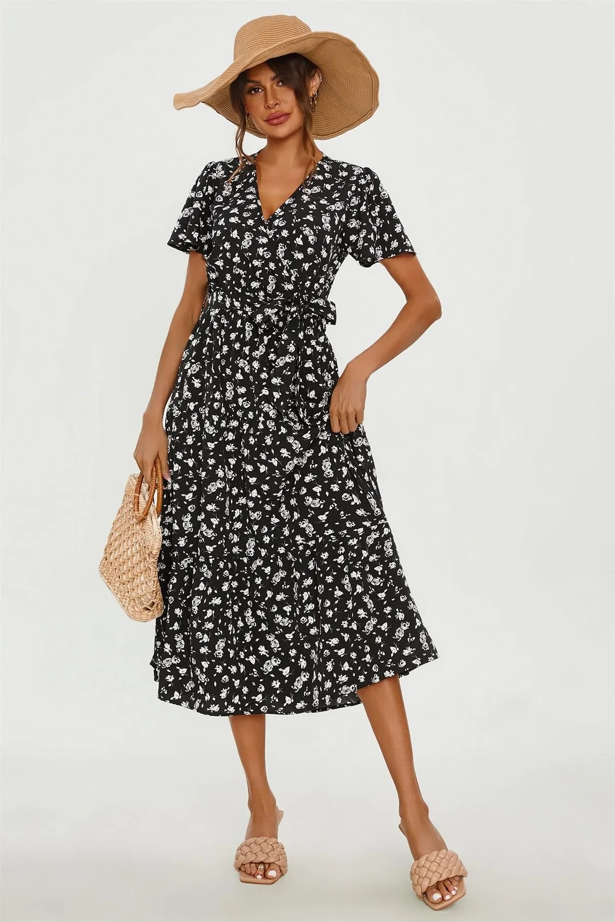 FS Collection White Floral Print Hem Tiered Wrap Midi Dress In Black