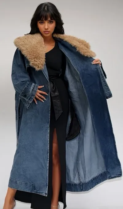 Fur Denim Trench Coat