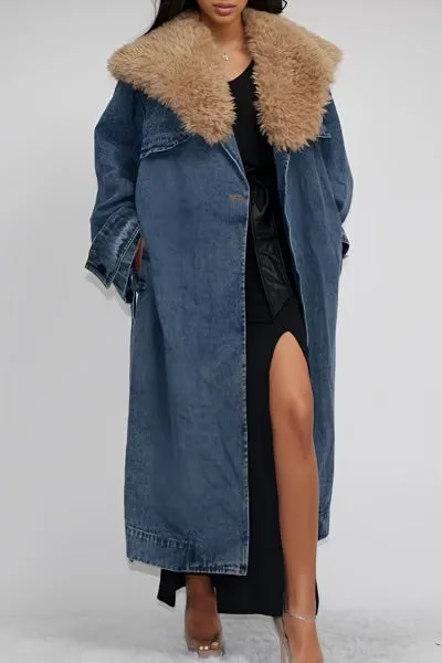 Fur Denim Trench Coat