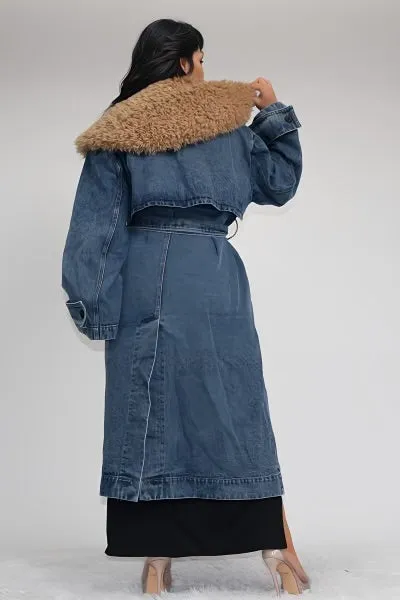 Fur Denim Trench Coat