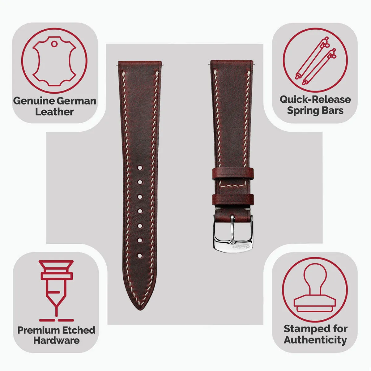 German Hand-Stitched Crazy Horse Leather Watch Strap - Bordeaux