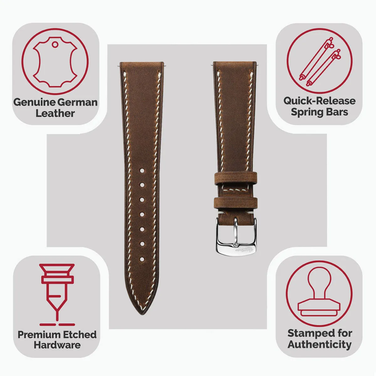 German Hand-Stitched Crazy Horse Leather Watch Strap - Light Brown