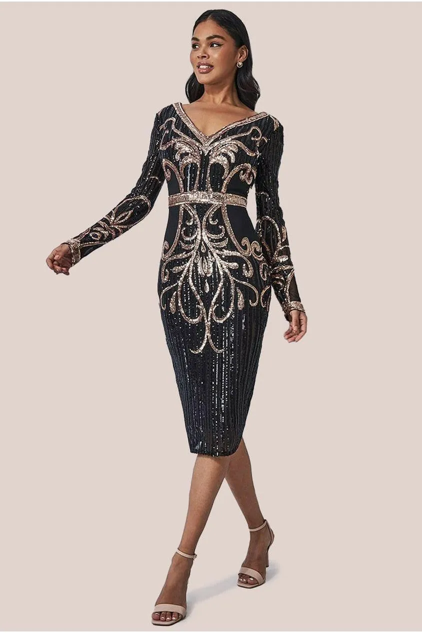 Goddiva Sequin & Mesh Embroidered Midi Dress - Black