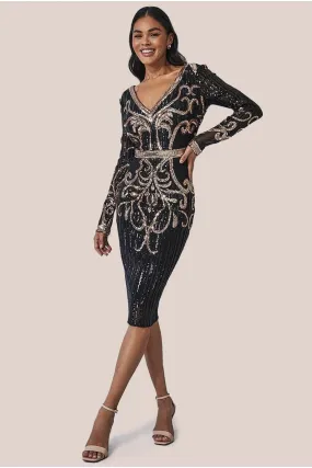 Goddiva Sequin & Mesh Embroidered Midi Dress - Black