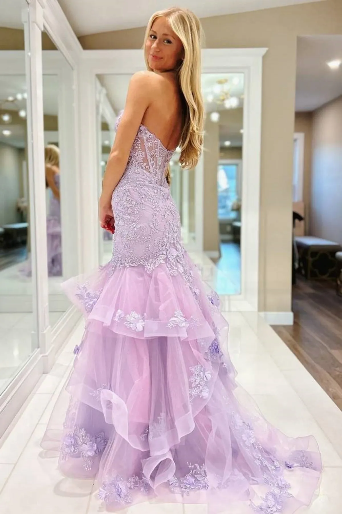 Gorgeous Strapless Mermaid Purple Lace Long Prom Dress, Purple Lace Formal Evening Dress, Purple Ball Gown A2144