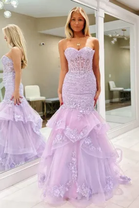 Gorgeous Strapless Mermaid Purple Lace Long Prom Dress, Purple Lace Formal Evening Dress, Purple Ball Gown A2144