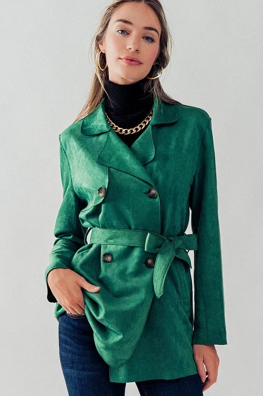 Green Double Breasted Soft Suede Trench Coat