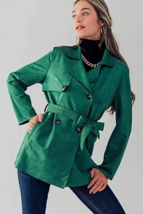 Green Double Breasted Soft Suede Trench Coat