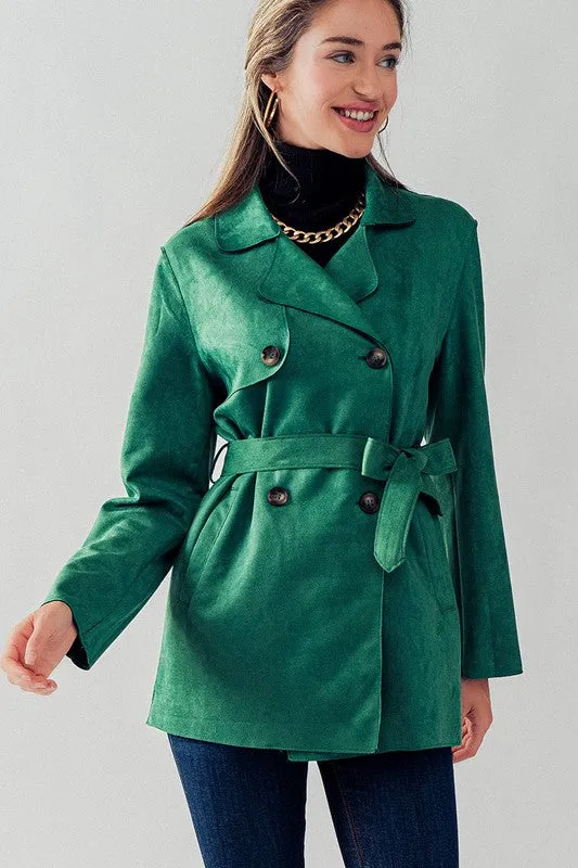 Green Double Breasted Soft Suede Trench Coat