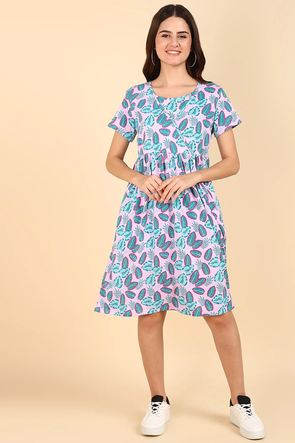 Green Leaf Printed 100% Soft Cotton Zipless Maternity Feeding Dress