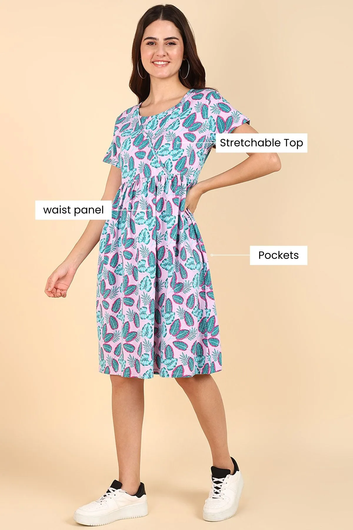 Green Leaf Printed 100% Soft Cotton Zipless Maternity Feeding Dress