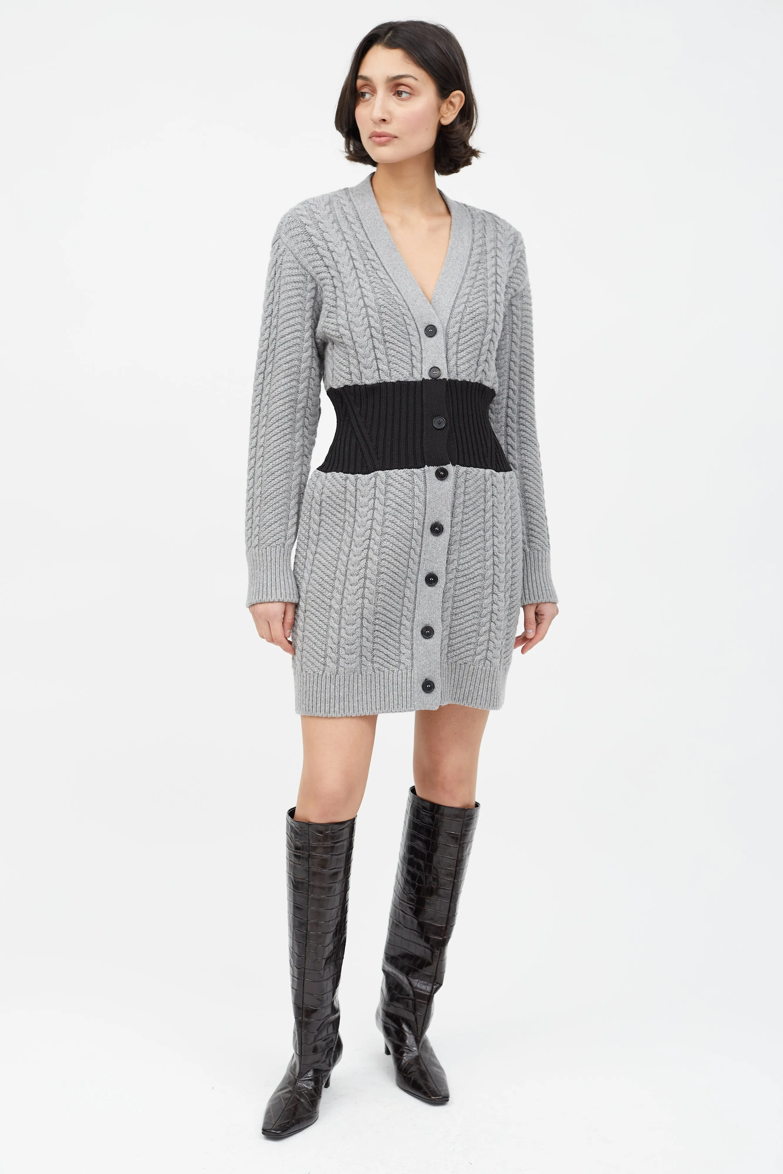 Grey & Black Cable Knit Sweater Dress