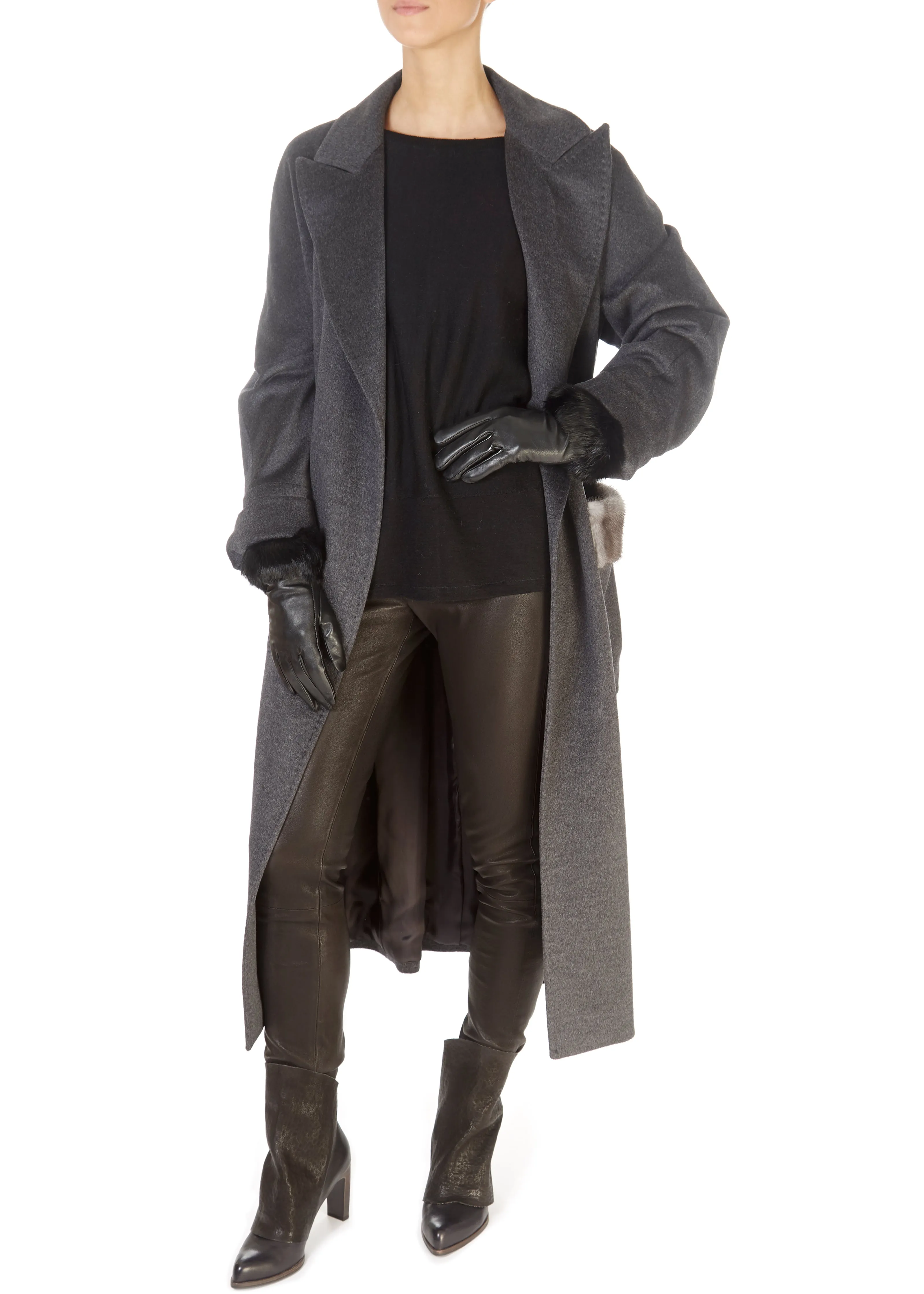 Grey Belted Wool Coat With Mink Pocket Trim