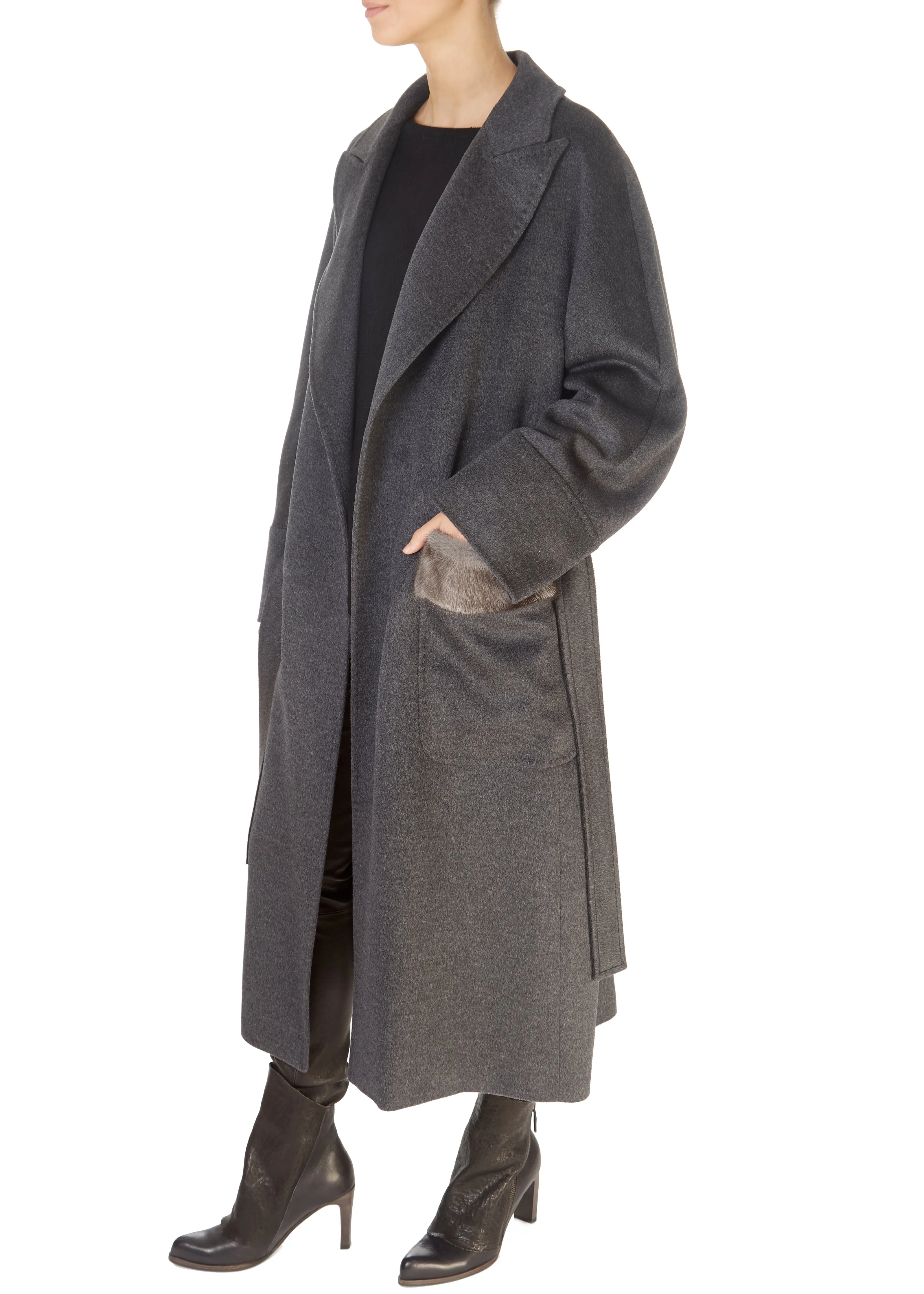 Grey Belted Wool Coat With Mink Pocket Trim